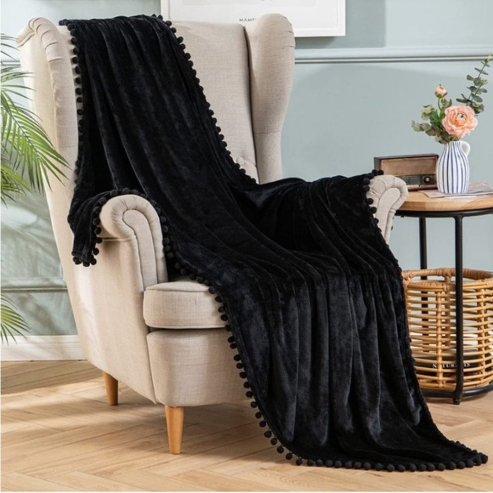 NEW Emerald Greenish Blue Velvet Throw Blanket with Pom Poms 50x60